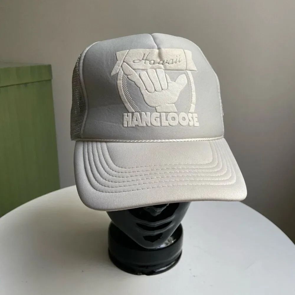 Vintage 80s Hawaiian Hang Loose Grey Adjustable Trucker Hat Cap